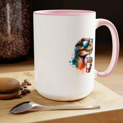 Two-Tone Cute, Funny, Cool, Coffee Drinking Dinosaur Mugs, 15oz